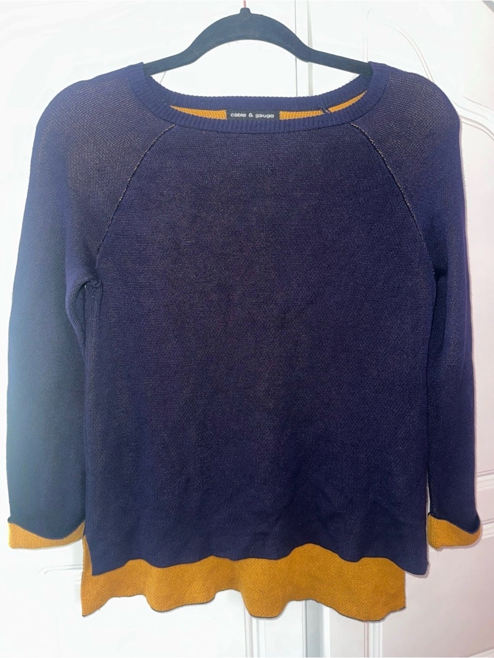 Cable & Gauge Navy Sweater with Mustard Trim – Size M